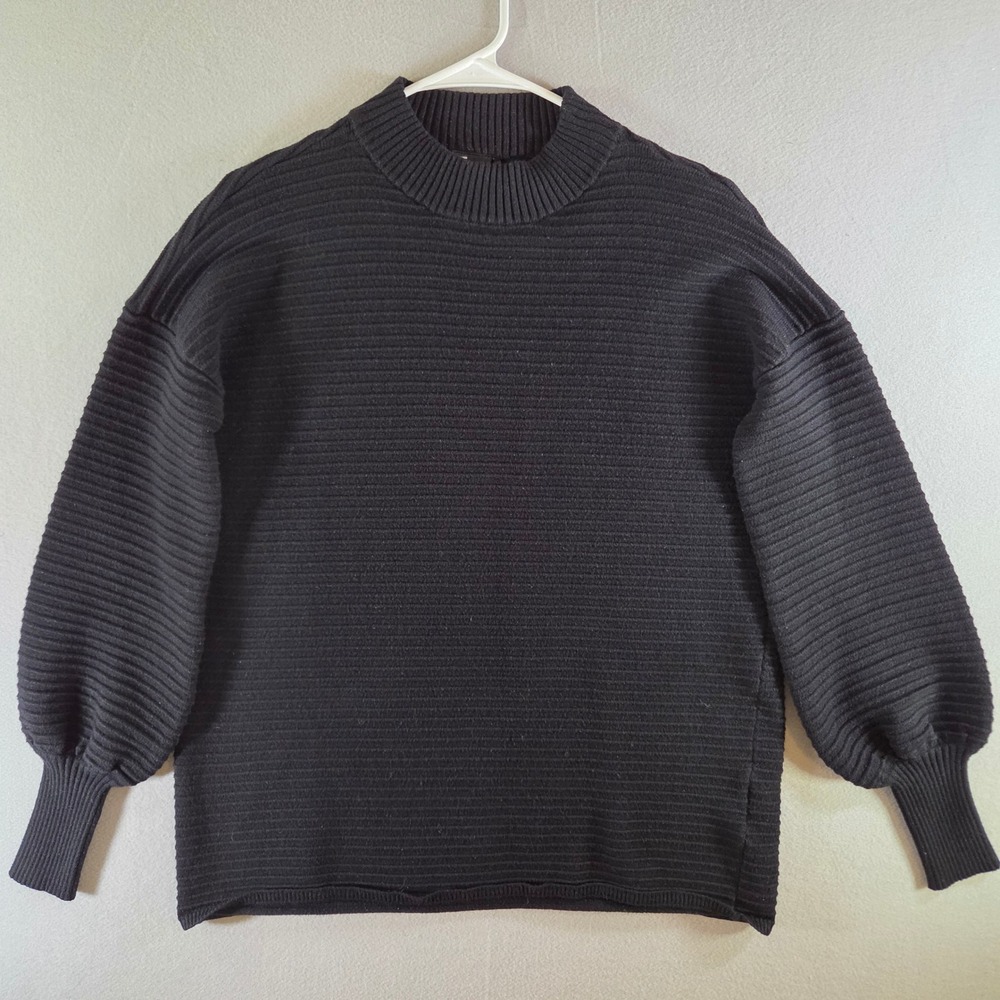 Love Token Black Ribbed Mock Neck Balloon Sleeve Sweater Minimalist Cozy L - Picture 1 of 6